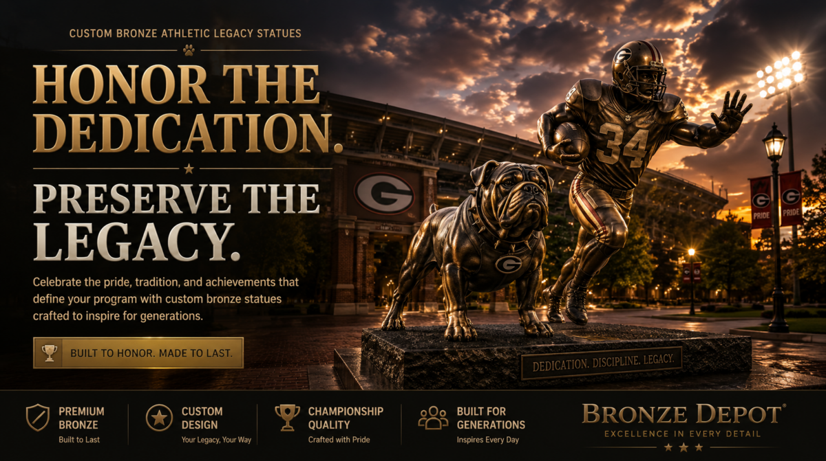 Honor The Dedication Preserve The Legacy Banner ALT Text Custom bronze football player and bulldog mascot legacy statues at a university stadium entrance