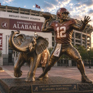 University Alabama Quarterback Legacy Statue Custom bronze football player and elephant mascot statue at University Alabama stadium entrance