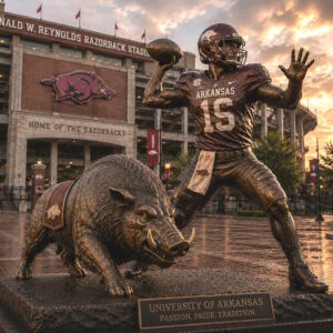 University Arkansas Quarterback Legacy Statue Custom bronze quarterback and razorback mascot statue at University Arkansas football stadium