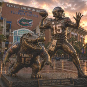 University Florida Quarterback Legacy Statue Custom bronze quarterback and gator mascot statue at University Florida football stadium