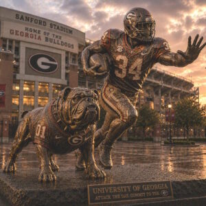 University Georgia Running Back Legacy Statue Custom bronze running back and bulldog mascot statue at University Georgia football stadium