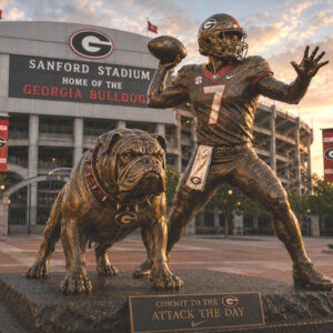 University Georgia Quarterback Legacy Statue Custom bronze quarterback and bulldog mascot statue at University Georgia football stadium