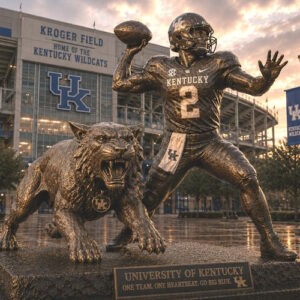 University Kentucky Quarterback Legacy Statue Custom bronze quarterback and wildcat mascot statue at University Kentucky football stadium