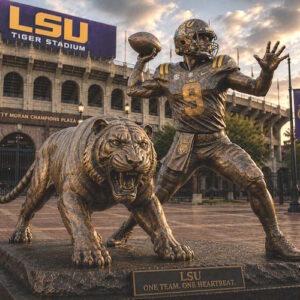 LSU Quarterback Legacy Statue Custom bronze quarterback and tiger mascot statue at LSU football stadium