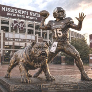 University Mississippi State Quarterback Legacy Statue Custom bronze quarterback and bulldog mascot statue at Mississippi State football stadium