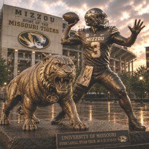 University Missouri Quarterback Legacy Statue Custom bronze quarterback and tiger mascot statue at University of Missouri football stadium