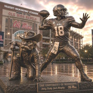 University Mississippi Quarterback Legacy Statue Custom bronze quarterback and Rebel mascot statue at University of Mississippi football stadium