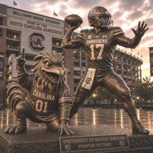 University South Carolina Quarterback Legacy Statue Custom bronze quarterback and Gamecock mascot statue at University of South Carolina football stadium