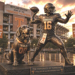 University Tennessee Quarterback Legacy Statue Custom bronze quarterback and Tennessee mascot statue at University of Tennessee football stadium
