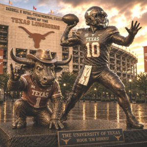 University Texas Quarterback Legacy Statue Custom bronze quarterback and Longhorn mascot statue at University of Texas football stadium