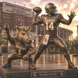 University Oklahoma Quarterback Legacy Statue Custom bronze quarterback and Sooner mascot statue at University of Oklahoma football stadium