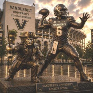Vanderbilt University Quarterback Legacy Statue Custom bronze quarterback and Commodore mascot statue at Vanderbilt University football stadium