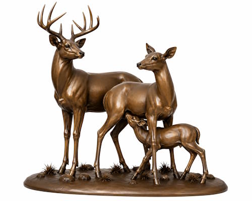 Bronze Buck Doe And Nursing Fawn Statue - AA BDF 1