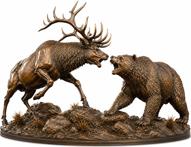 Bronze Elk & Bear Fighting Statue - AA ELK 1EB L