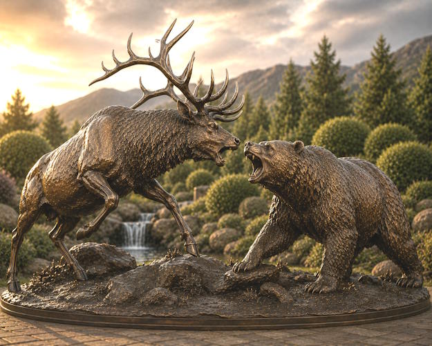 Bronze Elk & Bear Fighting Statue - AA ELK 1EB L