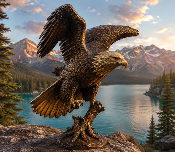 Majestic Bronze Eagle Statue at Alpine Lake - AA-EG 7