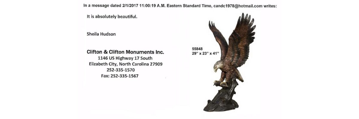 Clifton & Clifton Monuments bronze eagle statue customer testimonial highlighting the quality, craftsmanship, and successful delivery of a handcrafted bronze eagle sculpture by Bronze Depot.
