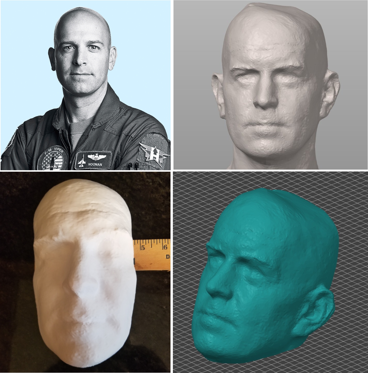 Digital workflow showing the transformation of Lt. Col. Dan Rooney from a facial photograph to a 3D scanned model and printed prototype for the custom Folds of Honor bronze tribute.