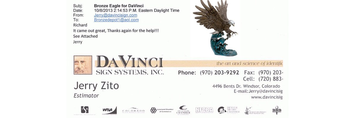 DaVinci Sign Systems bronze eagle statue customer testimonial highlighting the successful completion and delivery of a handcrafted bronze eagle sculpture by Bronze Depot.