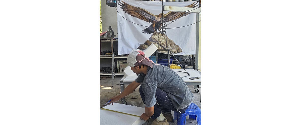Steel armature surrounded with sculpting foam during the creation of the Faribault High School bronze falcon statue