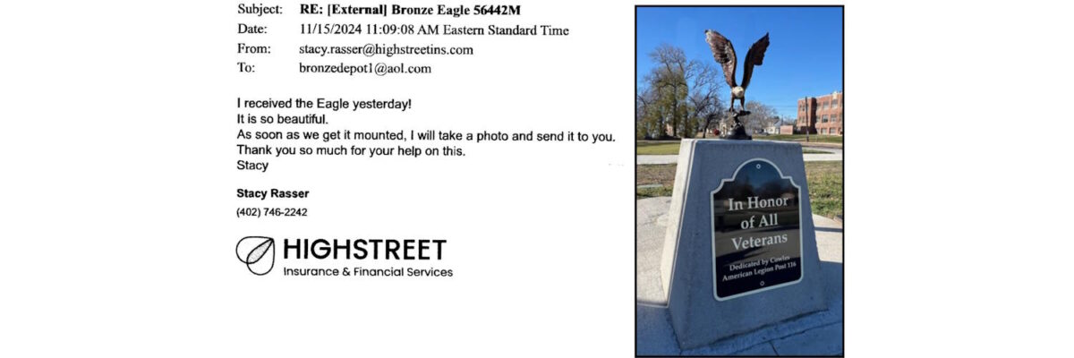 Highstreet Insurance & Financial Services bronze eagle statue customer testimonial highlighting the successful delivery of a handcrafted bronze eagle sculpture by Bronze Depot.