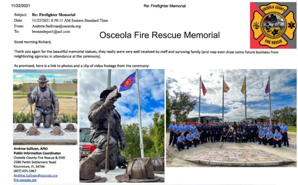 Osceola County Fire Rescue firefighter memorial statue with client testimonial and completed installation photograph.