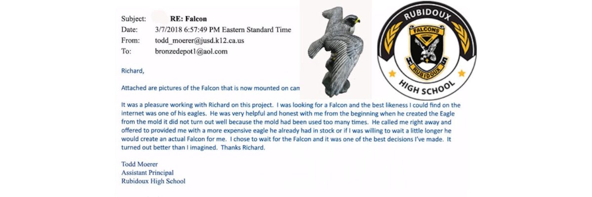 Rubidoux High School custom bronze falcon mascot statue customer testimonial featuring the completed installation and review from the assistant principal.