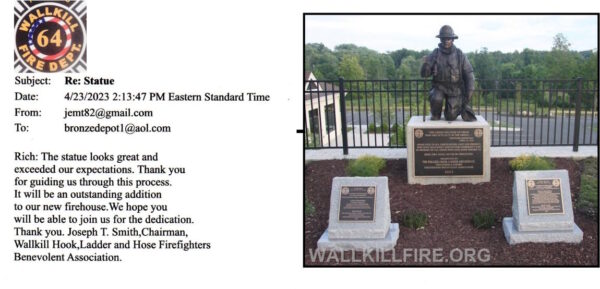 Wallkill Fire Department firefighter memorial statue with client testimonial praising Bronze Depot's craftsmanship and installation process.
