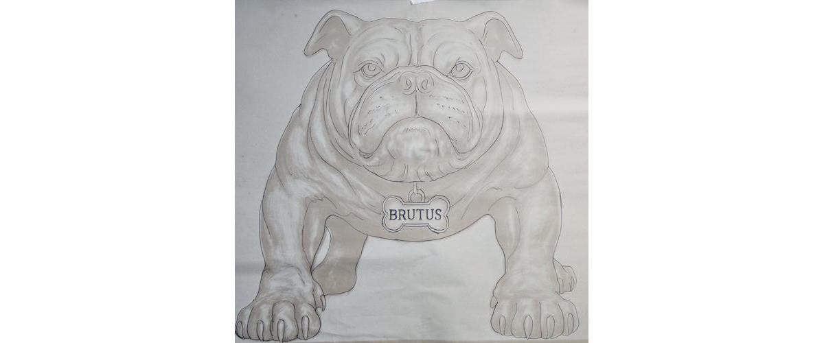 Original concept sketch of the Tracy High School Bulldog statue showing the approved design before sculpting began.