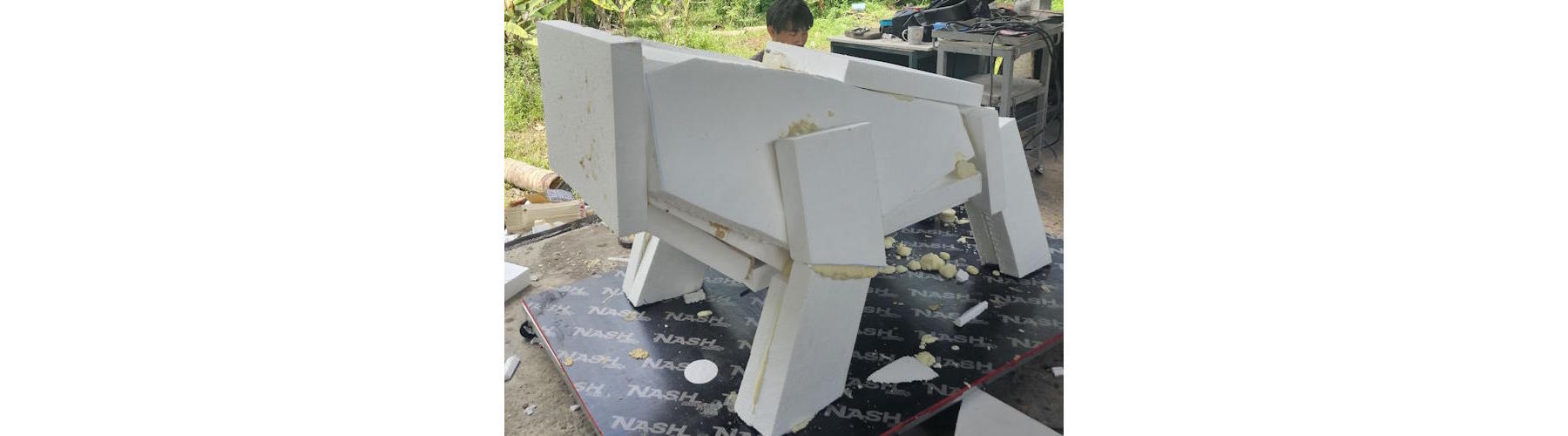 Rigid foam blocks forming the body of the Tracy High School bulldog sculpture