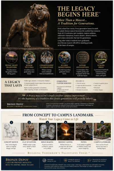 Bulldog Legacy Collection brochure featuring a custom bronze bulldog mascot statue for schools, universities, alumni, and donor recognition.