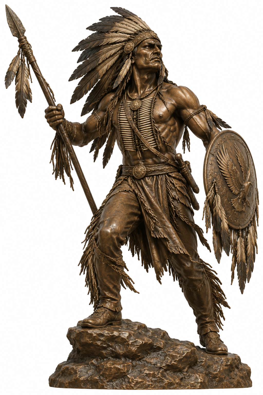 Bronze American Indian Chief Spear & Shield Mascot Statue - AA 8 Indian