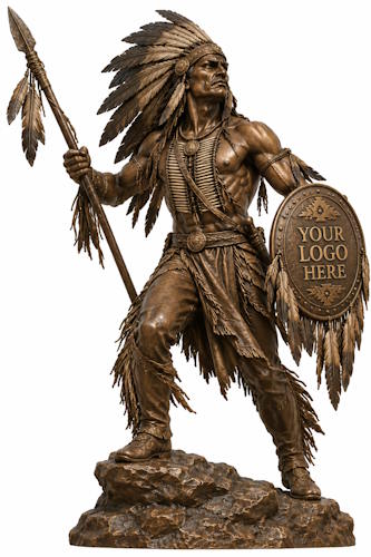 Bronze American Indian Chief Mascot Statue with Spear & Logo Shield - AA 16 Indian
