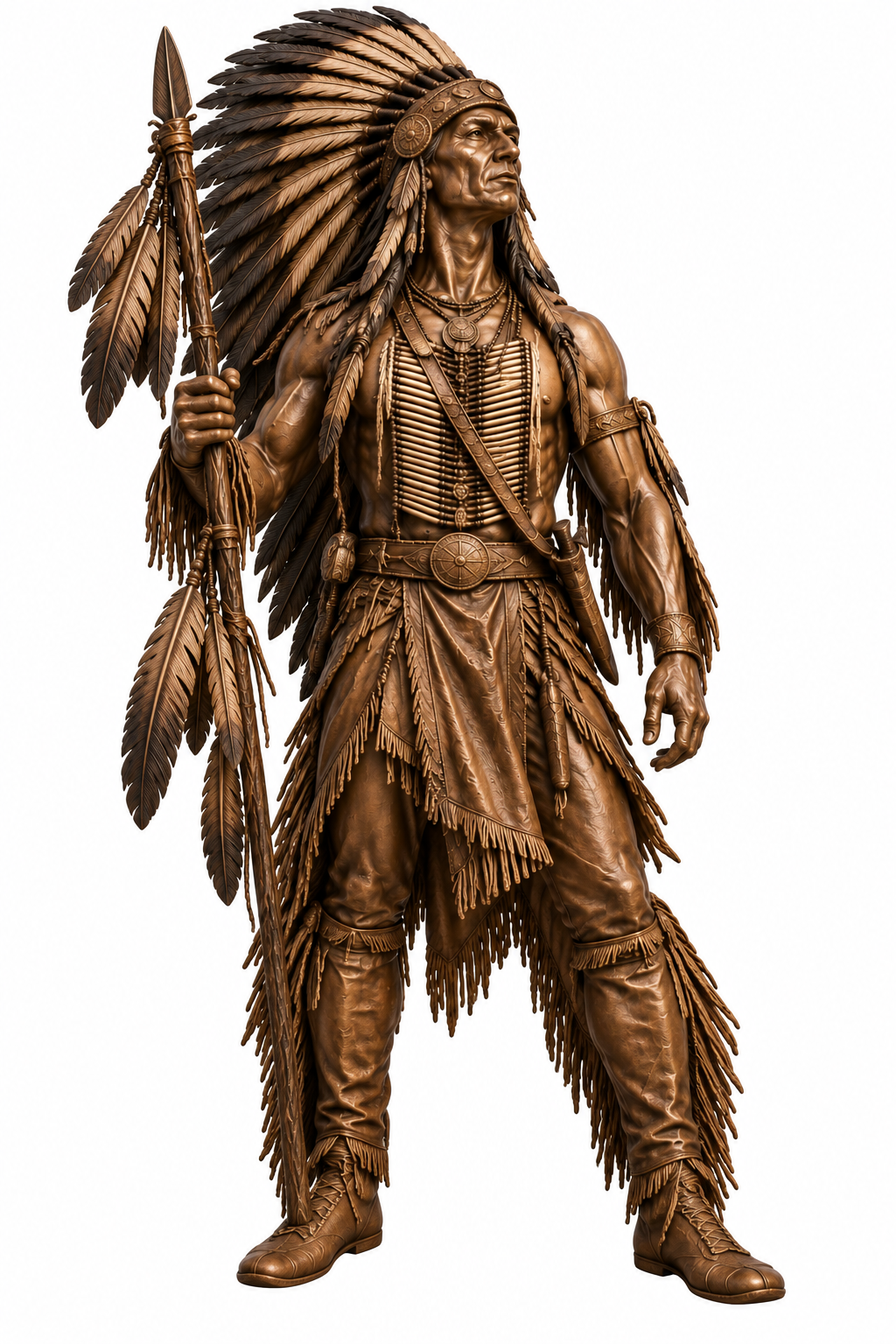 Bronze American Indian Chief Standing Spear Mascot Statue - AA 7 Indian