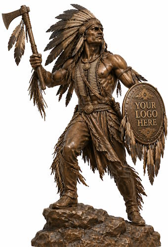 Bronze American Indian Chief Tomahawk & Logo Shield Mascot Statue - AA 17 Indian