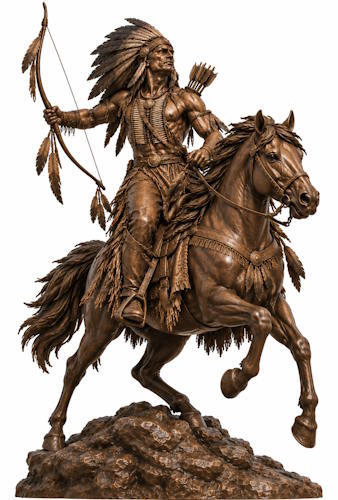 Bronze American Indian Chief on Horse with Bow Mascot Statue - AA 11 Indian Horse