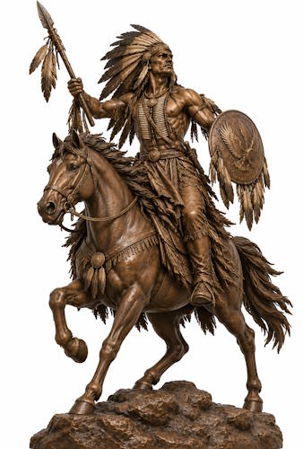 Bronze American Indian Chief on Horse with Spear & Eagle Shield - AA 13 Indian Horse