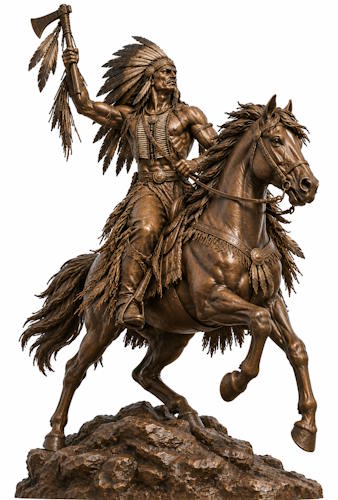 Bronze American Indian Chief on Horse with Raised Tomahawk - AA 14 Indian Horse