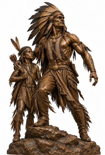 Bronze American Indian Chief with Son Mascot Statue - AA 18 Indian