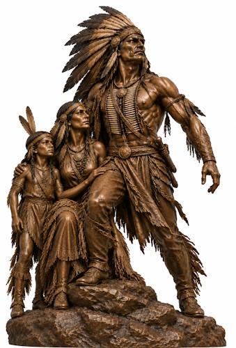 Bronze American Indian Chief, Woman & Daughter Statue - AA 20 Indian
