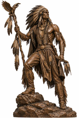 Bronze American Indian Chief with Eagle Staff Mascot Statue - AA 15 Indian