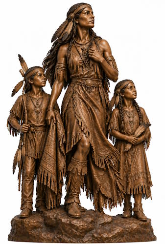 Bronze American Indian Squaw with Son & Daughter Statue - AA 22 Indian-1