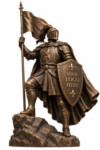 Bronze Knight Statue with Flag & Shield - A-2 Knight